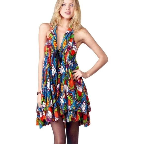Free People Dresses & Skirts - Free People Halter Ikat Print Tiered Hi-Low Dress Flowy Beach sz M